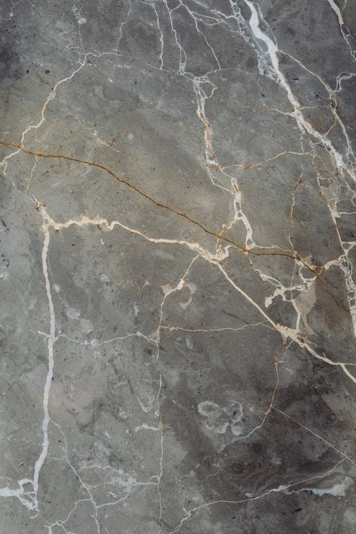 Close-up of a grey marble surface showcasing intricate natural veining patterns.
